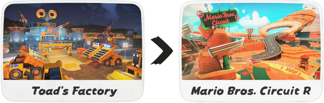 Toad's Factory to Mario Bros. Circuit R